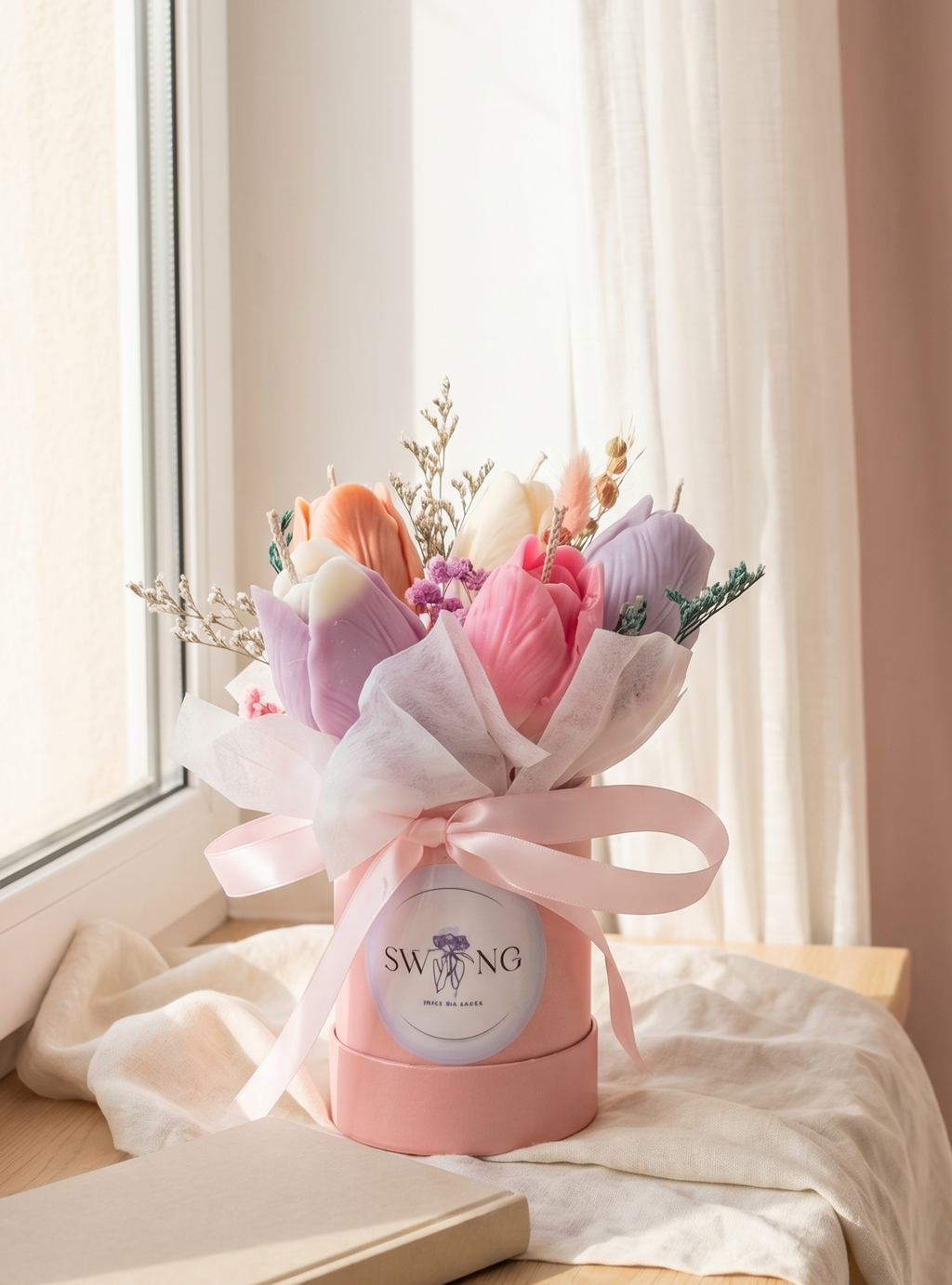 buchet decorativ cu lalele parfumate din ceară 100% naturală de soia în cutie roz și flori uscate
