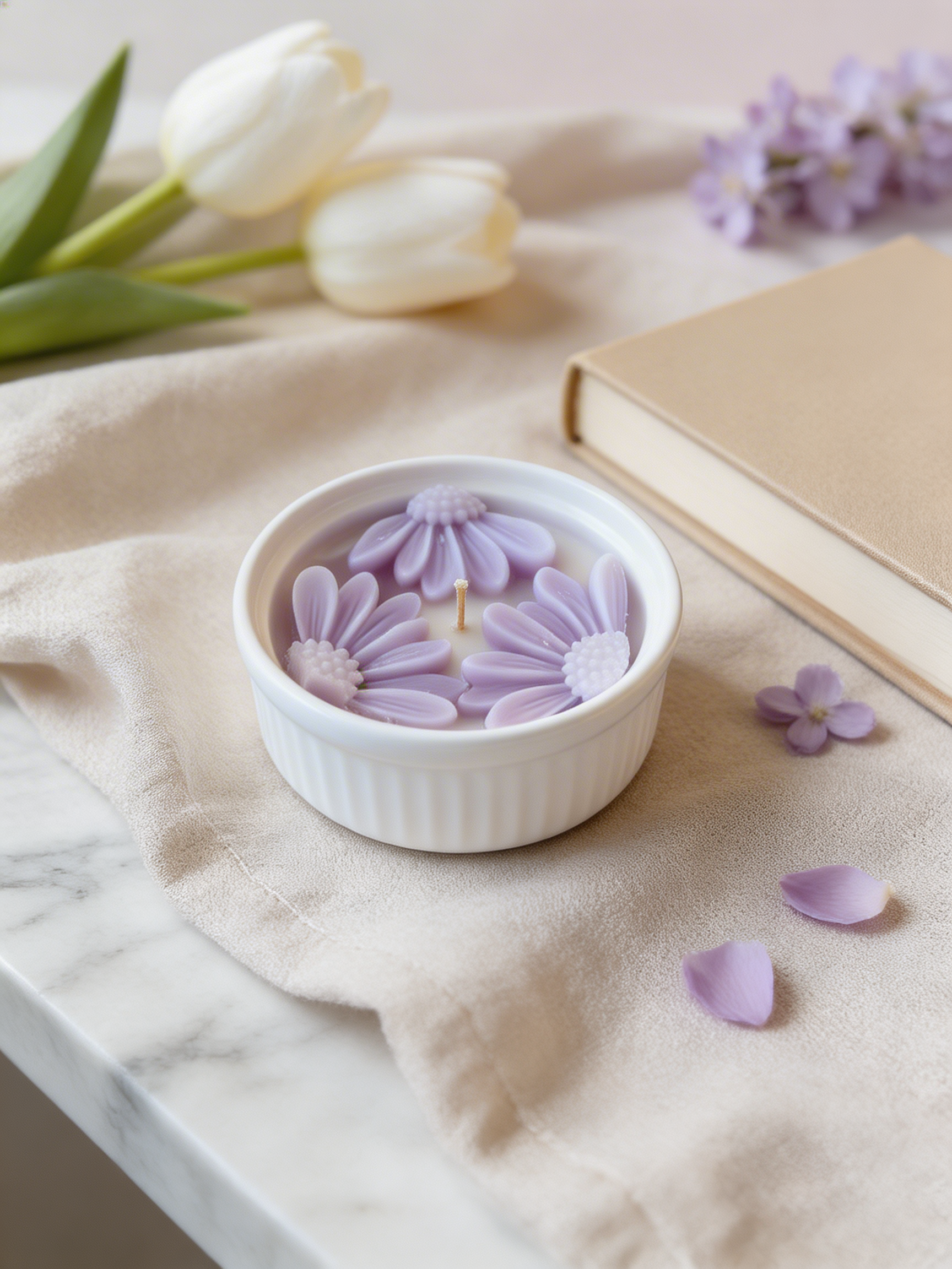 lumânare parfumată în recipient ceramic alb cu flori mov decorative din ceară și design floral handmade