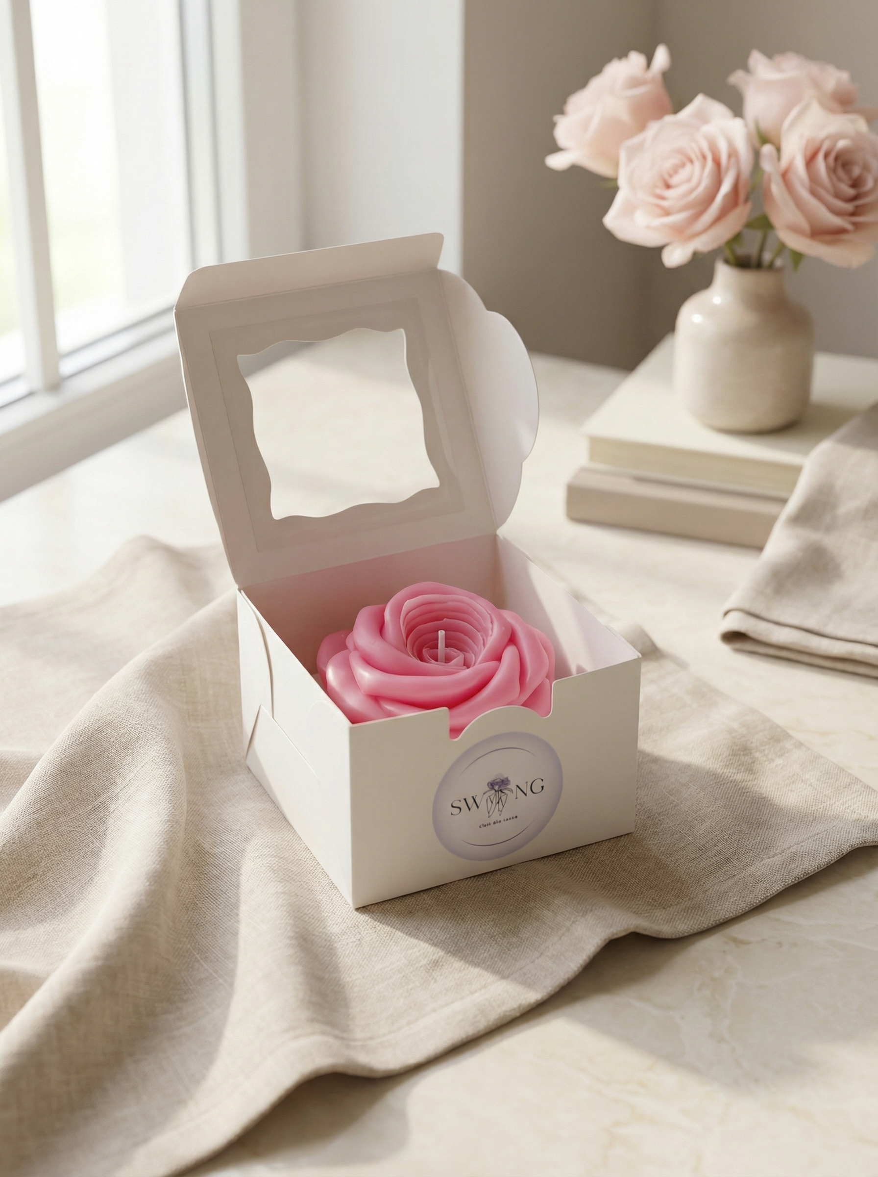 trandafir realist roz din ceara naturală de albine in cutie de cadou alba eleganta