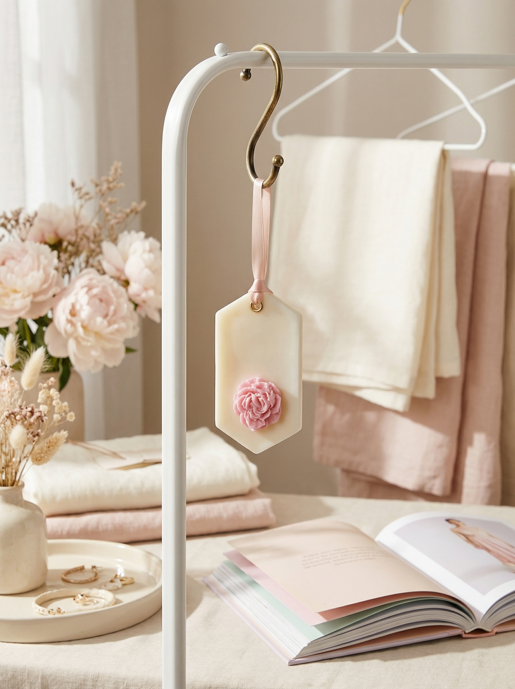 odorizant parfumat hexagonal pentru haine cu design floral si panglica satinata roz