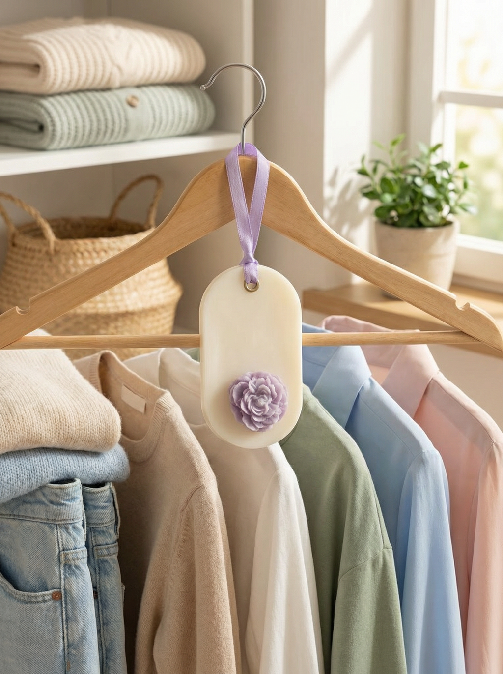Odorizant de dulap din ceara de soia 100% naturală decorat cu bujor mov si panglica satinata mov atașat de umeraș într-un dressing