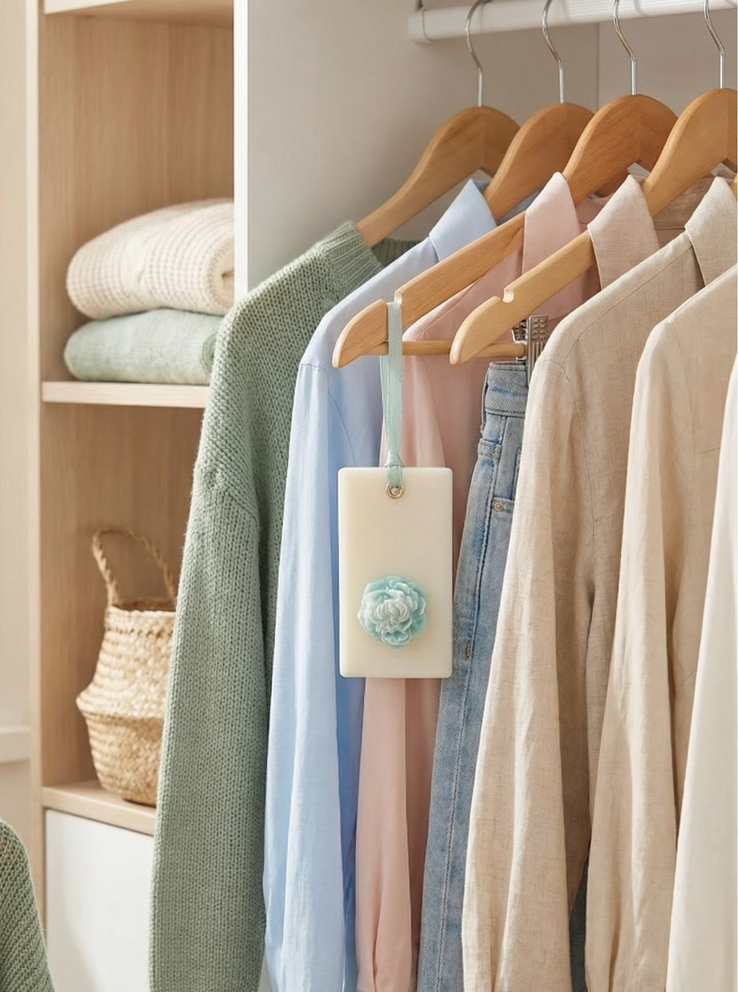 Odorizant de dulap din ceara naturală de soia cu design floral, agățat de un umeraș in dressing